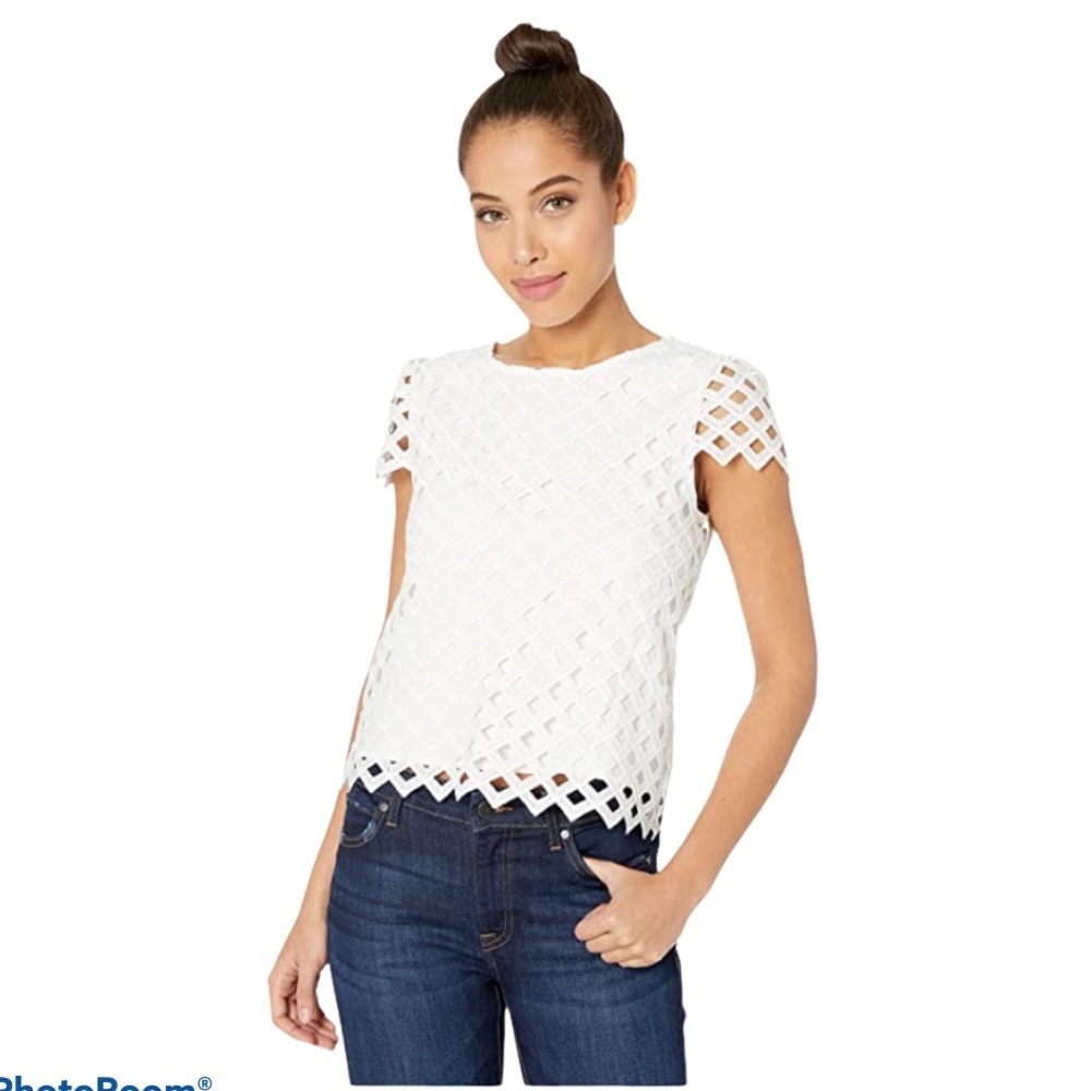 Milly White Lattice Embroidered Short Sleeve Blouse size Small